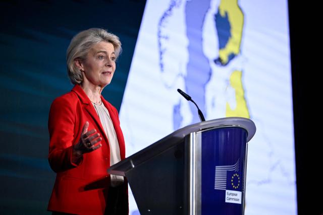 European Commission President Ursula von der Leyen addresses the audience during a high level event on the Eastern Border Regions Strategy at the EU headquarters in Brussels on February 26, 2026. (Photo by JOHN THYS / AFP)