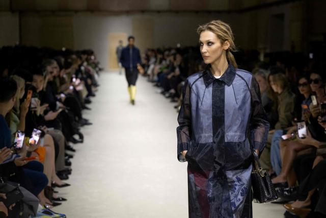US model Bella Hadid presents a creation of the Prada collection during the Milan Fashion Week Womens-Mens collection Fall-Winter 2026-2027, in Milan on February 26, 2026. (Photo by MIGUEL MEDINA / AFP)