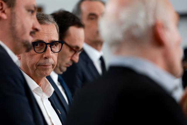 Pierre Hurmic (C), incumbent mayor and ecologist candidate (Europe Йcologie–Les Verts party) in the Bordeaux municipal election, attends a debate broadcast on the local TV channel TV7 in Bordeaux, south-western France, on February 26, 2026. (Photo by ROMAIN PERROCHEAU / AFP)