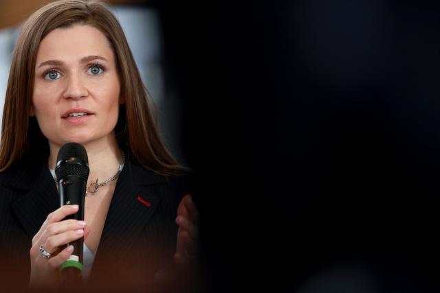 Julie Rechagneux, Rassemblement National party candidate in the Bordeaux municipal election, speaks during a debate broadcast on the local TV channel TV7 in Bordeaux, south-western France, on February 26, 2026. (Photo by ROMAIN PERROCHEAU / AFP)