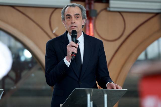 Philippe Dessertine, independant candidate in the Bordeaux municipal election, speaks during a debate broadcast on the local TV channel TV7 in Bordeaux, south-western France, on February 26, 2026. (Photo by ROMAIN PERROCHEAU / AFP)