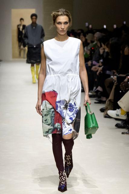 US model Bella Hadid presents a creation of the Prada collection during the Milan Fashion Week Womens-Mens collection Fall-Winter 2026-2027, in Milan on February 26, 2026. (Photo by MIGUEL MEDINA / AFP)