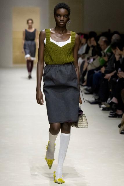 A model presents a creation of the Prada collection during the Milan Fashion Week Womens-Mens collection Fall-Winter 2026-2027, in Milan on February 26, 2026. (Photo by MIGUEL MEDINA / AFP)