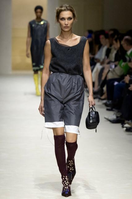 US model Bella Hadid presents a creation of the Prada collection during the Milan Fashion Week Womens-Mens collection Fall-Winter 2026-2027, in Milan on February 26, 2026. (Photo by MIGUEL MEDINA / AFP)