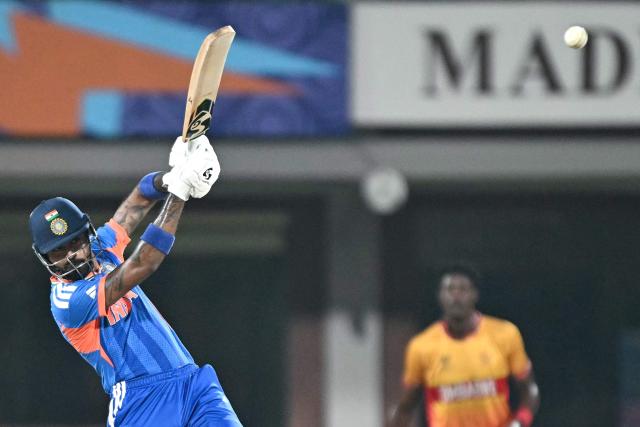 India’s Hardik Pandya plays a shot during the 2026 ICC Men's T20 Cricket World Cup Super Eights match between India and Zimbabwe at the MA Chidambaram Stadium in Chennai on February 26, 2026. (Photo by Sajjad HUSSAIN / AFP)