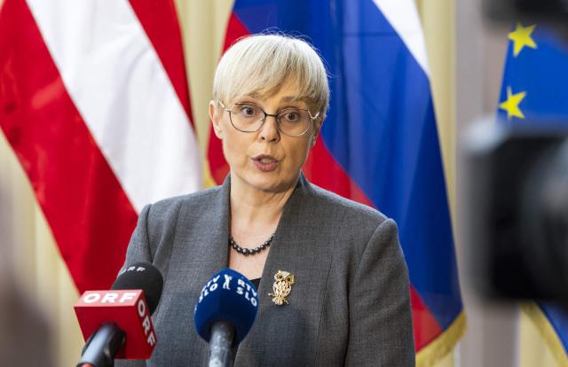 Slovenia's President Natasa Pirc Musar addresses a speech during her visit at the Persmanhof in Bad Eisenkappel, southern Austria, on February 26, 2026. The Persmanhof in Bad Eisenkappel, Carinthia, was a partisan base during the Second World War and the site of an SS Nazi Police massacre of civilians. Nowadays, a museum at the former farm is dedicated to the history and resistance of the Carinthian Slovenes during National Socialism. (Photo by WOLFGANG JANNACH / APA / AFP) / Austria OUT