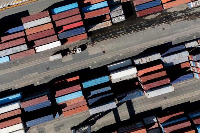 This aerial view shows containers in the port of Buenos Aires, on February 26, 2026. (Photo by LUIS ROBAYO / AFP)