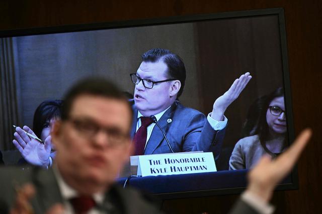 National Credit Union Administration Chairman Kyle Hauptman testifies during a Senate Committee on Banking, Housing, and Urban Affairs hearing titled "Update from the Prudential Regulators: Rightsizing Regulation to Promote American Opportunity," on Capitol Hill in Washington, DC on February 26, 2026. (Photo by Brendan SMIALOWSKI / AFP)
