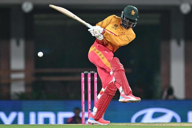 Zimbabwe's Tadiwanashe Marumani plays a shot during the 2026 ICC Men's T20 Cricket World Cup Super Eights match between India and Zimbabwe at the MA Chidambaram Stadium in Chennai on February 26, 2026. (Photo by Sajjad HUSSAIN / AFP)
