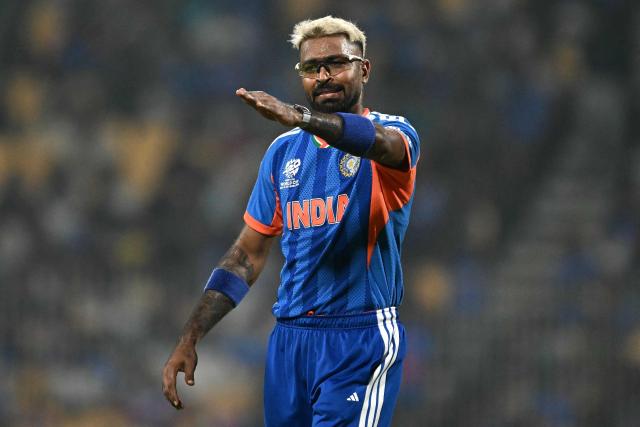 India's Hardik Pandya gestures during the 2026 ICC Men's T20 Cricket World Cup Super Eights match between India and Zimbabwe at the MA Chidambaram Stadium in Chennai on February 26, 2026. (Photo by Sajjad HUSSAIN / AFP)