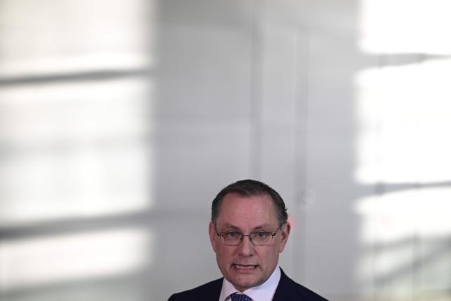 Co-leader of the far-right Alternative for Germany (AfD) party Tino Chrupalla gives a statement after a court ruled that his party cannot be labeled as "confirmed right-wing extremist" group, at the Bundestag (lower house of parliament) in Berlin on February 26, 2026. (Photo by John MACDOUGALL / AFP)
