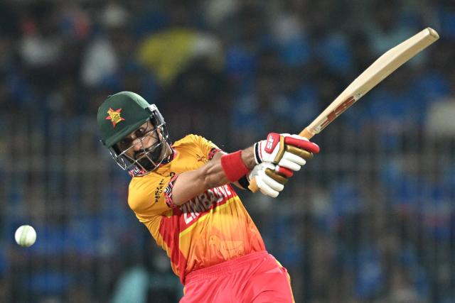 Zimbabwe's captain Sikandar Raza plays a shot during the 2026 ICC Men's T20 Cricket World Cup Super Eights match between India and Zimbabwe at the MA Chidambaram Stadium in Chennai on February 26, 2026. (Photo by R. Satish BABU / AFP)