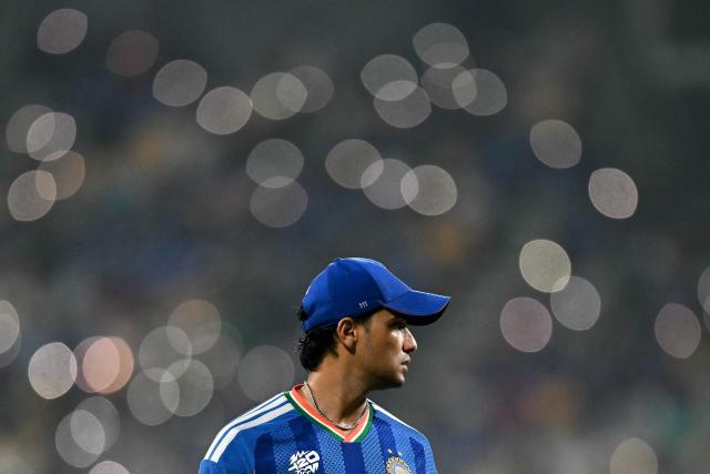 India's Abhishek Sharma looks on during the 2026 ICC Men's T20 Cricket World Cup Super Eights match between India and Zimbabwe at the MA Chidambaram Stadium in Chennai on February 26, 2026. (Photo by Sajjad HUSSAIN / AFP)