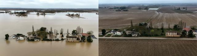 (COMBO) This combination of photographs created on February 26, 2026, shows (L) an aerial photograph of the overflowing River Garonne inundating farmland at Tonneins, south-western France on February 13, 2026, after winds of Storm Nils swept across France and (R) an aerial photograph showing farms on a bank of the Garonne river in Tonneins, south-western France on February 26, 2026. The record streak of consecutive rainy days in France ended on February 23, at 40 days, but the flooding is still not over despite signs of improvement, according to Météo-France. A new record was also set for the length of time France has been under red flood alert, Vigicrues reported on February 24, with 14 days. In the West, water levels continued to slowly recede, suggesting a gradual return to normal for some affected areas. (Photo by Christophe ARCHAMBAULT / AFP)
