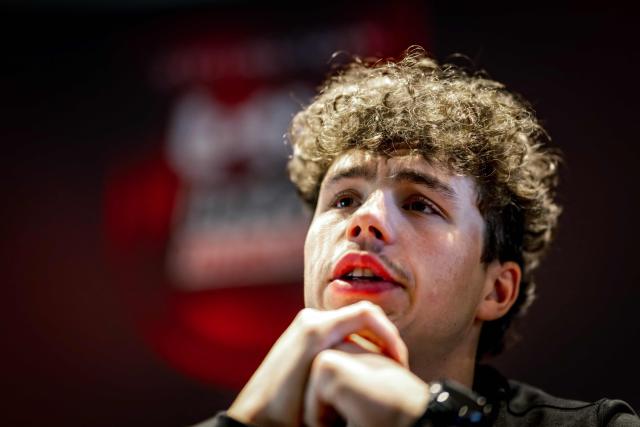 Belgium's Arnaud De Lie of Lotto-Intermarche  gives a press conference of the Lotto-Intermarche cycling team ahead of the Omloop Het Nieuwsblad, the opening race of the Flemish classic one-day races season, in Sint-Martens-Latem, on February 26, 2026. (Photo by DAVID PINTENS / Belga / AFP) / Belgium OUT