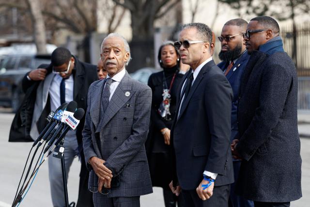 Rev. Al Sharpton (2L) and (L/R) Jessie Jackson Jr. (C) speak to the media at the Rainbow PUSH Coalition headquarters as US civil rights leader Jesse Jackson lies in repose inside the building in Chicago, Illinois, on February 26, 2026. Veteran US civil rights activist Reverend Jesse Jackson, one of the nation's most influential Black voices, died earlier this month at the age of 84. Jackson, a Baptist minister, had been a civil rights leader since the 1960s, when he marched with Martin Luther King Jr. and helped fundraise for the cause. (Photo by KAMIL KRZACZYNSKI / AFP)