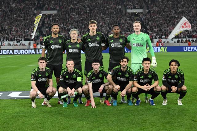 Celtic's players pose for a team photo prior to the UEFA Europa League knockout round playoff second leg football match VfB Stuttgart v Celtic in Stuttgart, southern Germany, on February 26, 2026. (Photo by THOMAS KIENZLE / AFP)