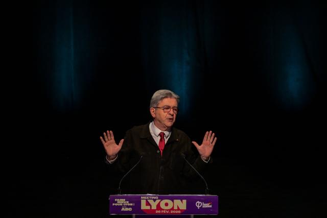 Founder of French left-wing La France Insoumise (LFI) party Jean-Luc Melenchon delivers a speech during a campaign rally of LFI list head candidate for the city hall of Lyon in the 2026 municipal elections in Lyon on February 26, 2026. (Photo by OLIVIER CHASSIGNOLE / AFP)