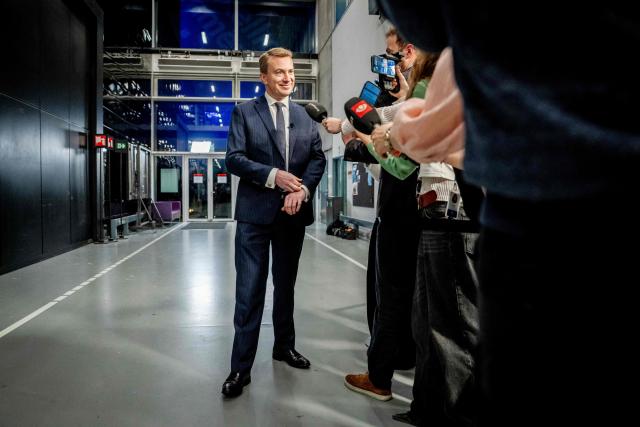 Chairman of the Danish far-right People's Party Morten Messerschmidt (DF) arrives at Danmark Radio to participate in the party leader debate in Copenhagen, Denmark, on February 26, 2026. Denmark's Prime Minister Mette Frederiksen said that she had scheduled this year's general election for March 24. (Photo by Mads Claus Rasmussen / Ritzau Scanpix / AFP) / Denmark OUT