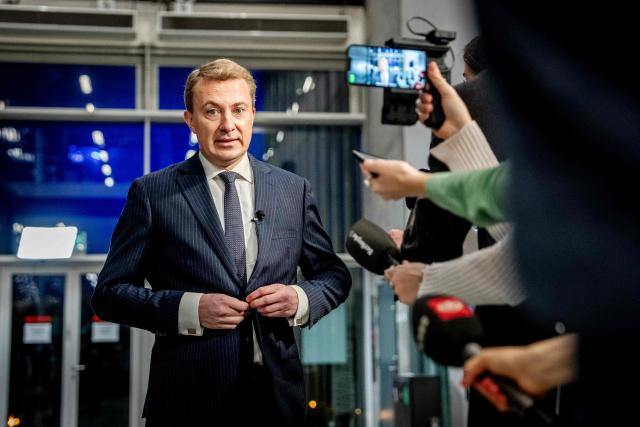 Chairman of the Danish far-right People's Party Morten Messerschmidt (DF) arrives at Danmark Radio to participate in the party leader debate in Copenhagen, Denmark, on February 26, 2026. Denmark's Prime Minister Mette Frederiksen said that she had scheduled this year's general election for March 24. (Photo by Mads Claus Rasmussen / Ritzau Scanpix / AFP) / Denmark OUT