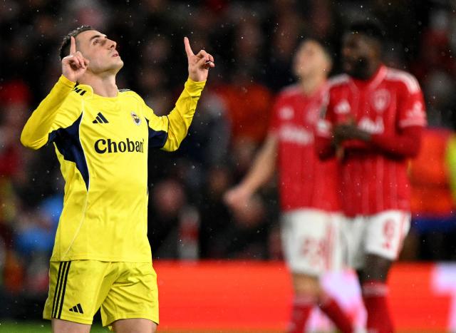 Fenerbahce's Turkish striker #09 Muhammed Kerem Akturkoglu celebrates scoring the team's second goal during the UEFA Europa League Knockout Round Play-off second-leg football match between Nottingham Forest and Fenerbahce SK at The City Ground in Nottingham, central England, on February 26, 2026. (Photo by Oli SCARFF / AFP)