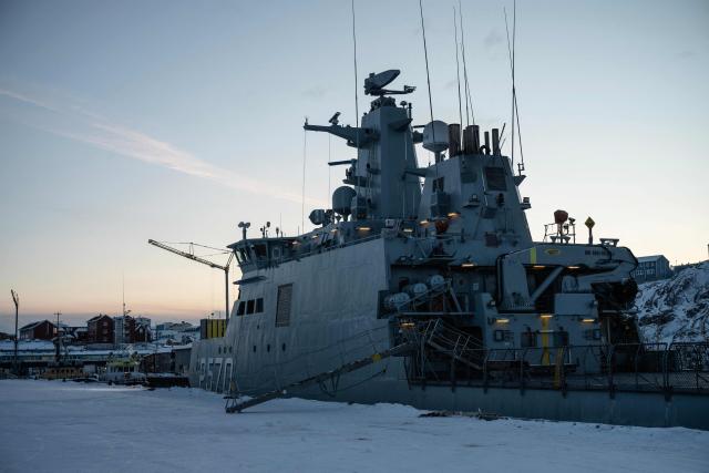 This photograph shows a Danish military frigate docked in the port of Nuuk, Greenland, on February 26, 2026. (Photo by Florent VERGNES / AFP)