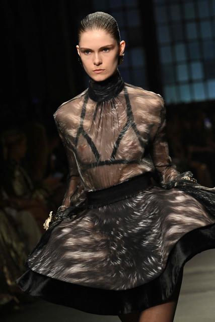 A model presents a creation by Cavalli during a fashion show as part of the Milan Fashion Week Women's collection Fall-Winter 2026-2027 in Milan on February 26, 2025. (Photo by Andreas SOLARO / AFP)