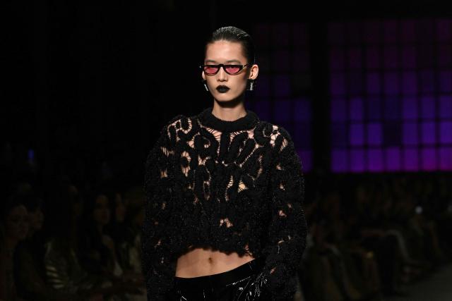 A model presents a creation by Cavalli during a fashion show as part of the Milan Fashion Week Women's collection Fall-Winter 2026-2027 in Milan on February 26, 2025. (Photo by Andreas SOLARO / AFP)