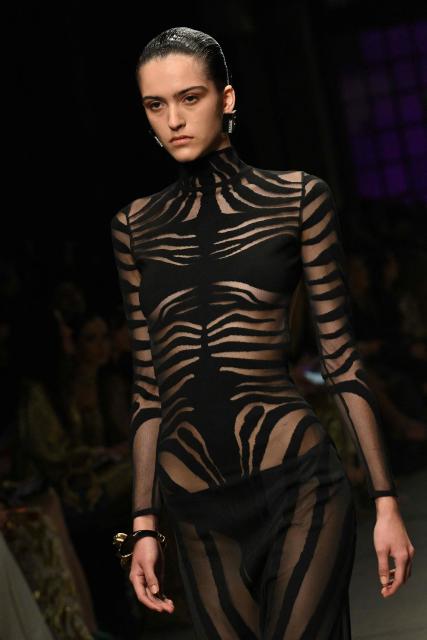 A model presents a creation by Cavalli during a fashion show as part of the Milan Fashion Week Women's collection Fall-Winter 2026-2027 in Milan on February 26, 2025. (Photo by Andreas SOLARO / AFP)