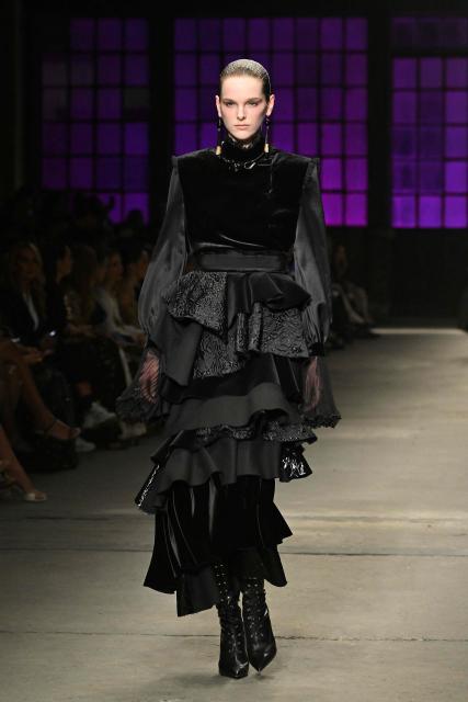 A model presents a creation by Cavalli during a fashion show as part of the Milan Fashion Week Women's collection Fall-Winter 2026-2027 in Milan on February 26, 2025. (Photo by Andreas SOLARO / AFP)