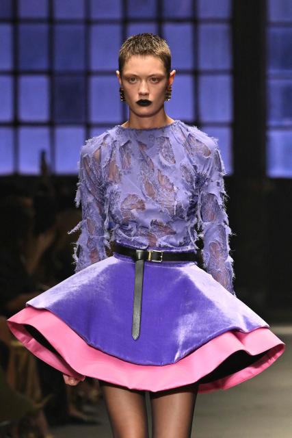 A model presents a creation by Cavalli during a fashion show as part of the Milan Fashion Week Women's collection Fall-Winter 2026-2027 in Milan on February 26, 2025. (Photo by Andreas SOLARO / AFP)