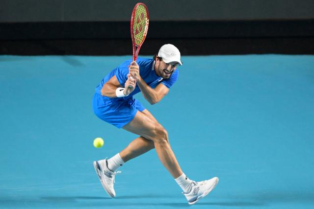 Monaco's Valentin Vacherot returns the ball to USA's Brandon Nakashima during the 2026 Mexico ATP 500 Tennis Open men's singles match at the Arena GNP Seguros in Acapulco, Guerrero State, Mexico, on February 26, 2026. (Photo by Alfredo ESTRELLA / AFP)