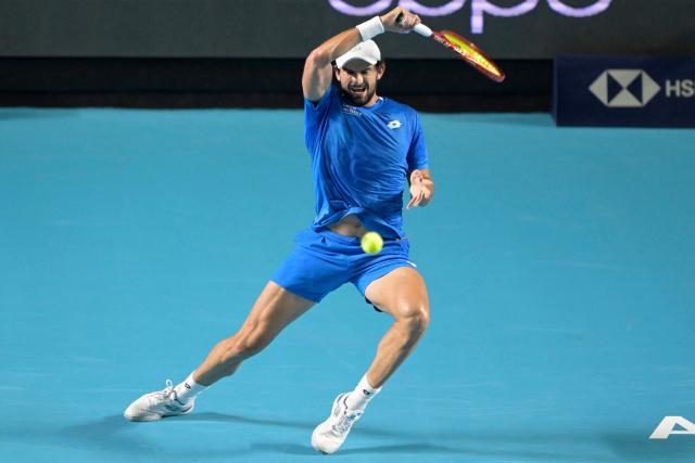Monaco's Valentin Vacherot returns the ball to USA's Brandon Nakashima during the 2026 Mexico ATP 500 Tennis Open men's singles match at the Arena GNP Seguros in Acapulco, Guerrero State, Mexico, on February 26, 2026. (Photo by Alfredo ESTRELLA / AFP)