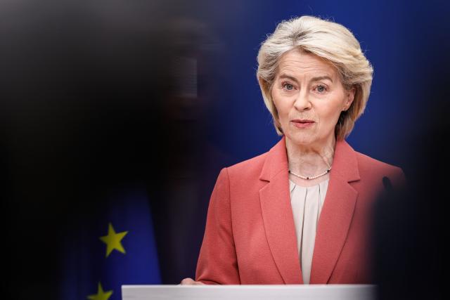 European Commission President Ursula von der Leyen makes a statement on the EU-Mercosur agreement at the European Commission In Brussels, on February 27, 2026. (Photo by Simon Wohlfahrt / AFP)