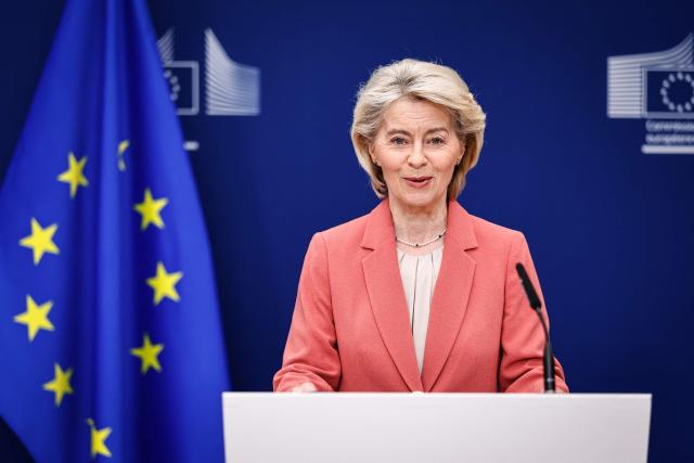 European Commission President Ursula von der Leyen makes a statement on the EU-Mercosur agreement at the European Commission In Brussels, on February 27, 2026. (Photo by Simon Wohlfahrt / AFP)