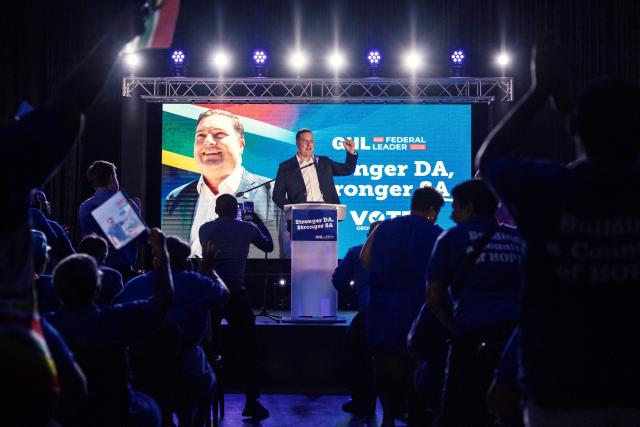 Incumbent Cape Town Mayor Geordin Hill-Lewis gestures during  a press conference where he announced that he will seek to be elected as federal leader of the South African Democratic Alliance, in Cape Town on February 27, 2026. (Photo by GIANLUIGI GUERCIA / AFP)