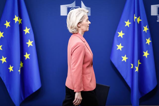 European Commission President Ursula von der Leyen arrives for a statement on the EU-Mercosur agreement at the European Commission In Brussels, on February 27, 2026. (Photo by Simon Wohlfahrt / AFP)