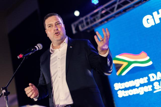 Incumbent Cape Town Mayor Geordin Hill-Lewis gestures during a press conference where he announced that he will seek to be elected as federal leader of the South African Democratic Alliance, in Cape Town on February 27, 2026. (Photo by GIANLUIGI GUERCIA / AFP)