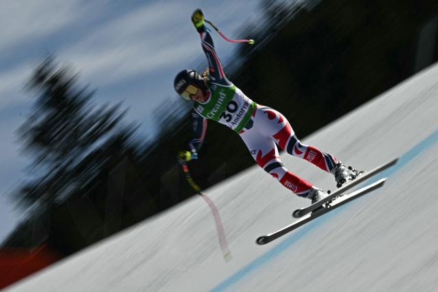 France's Laura Gauche competes in the women's downhill race, part of the FIS Alpine Ski World Cup 2025-2026 in Soldeu, Andorra on February 26, 2026. (Photo by Lionel BONAVENTURE / AFP)