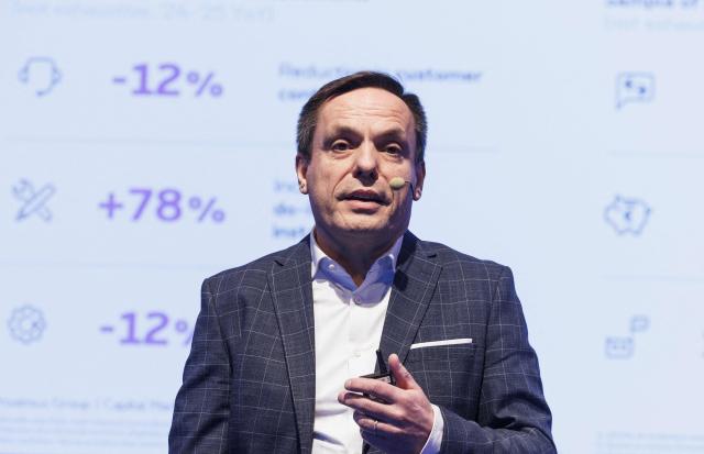 Proximus CEO Stijn Bijnens addresses media representatives during a press conference to announce the 2025 year results of telecom operator Proximus, in Brussels on February 27, 2026. (Photo by NICOLAS MAETERLINCK / Belga / AFP) / Belgium OUT