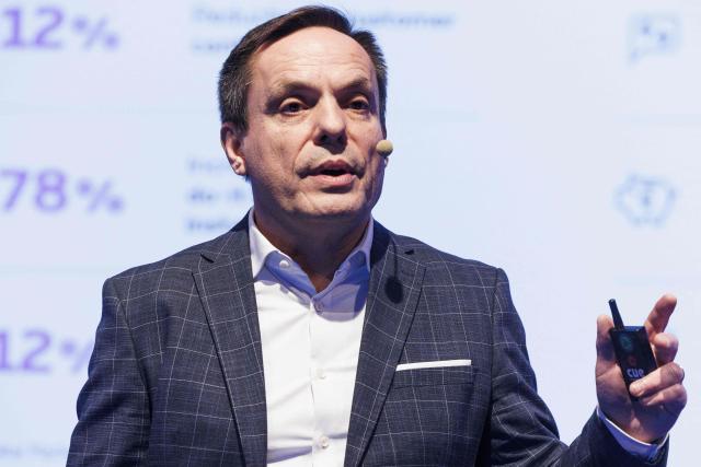 Proximus CEO Stijn Bijnens addresses media representatives during a press conference to announce the 2025 year results of telecom operator Proximus, in Brussels on February 27, 2026. (Photo by NICOLAS MAETERLINCK / Belga / AFP) / Belgium OUT