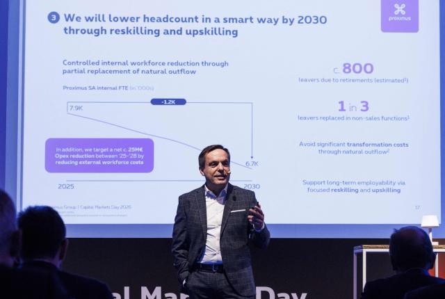 Proximus CEO Stijn Bijnens addresses media representatives during a press conference to announce the 2025 year results of telecom operator Proximus, in Brussels on February 27, 2026. (Photo by NICOLAS MAETERLINCK / Belga / AFP) / Belgium OUT