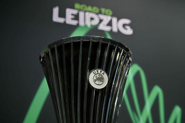 This photograph shows the UEFA Conference League Cup ahead of the 2025-2026 UEFA Conference League round of 16, quarter-final and semi-final draw at the House of European Football in Nyon, western Switzerland on February 27, 2026. (Photo by Harold CUNNINGHAM / AFP)