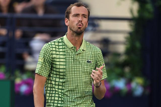 Russia’s Daniil Medvedev  reacts during his match against Canada's Felix Auger-Aliassime in the men’s singles semi-final match at the Dubai Duty Free Tennis tournament in Dubai on February 27, 2026. (Photo by Fadel SENNA / AFP)