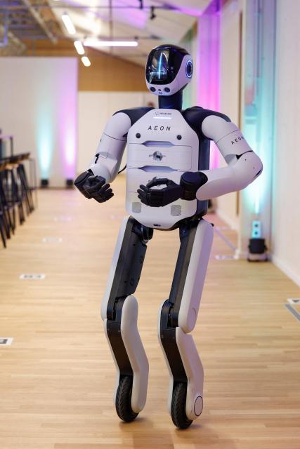 AEON, a humanoid robotic created by the company Hexagon is presented by BMW, at their BMW Group Talent Campus in Munich, Bavaria, southern Germany, on February 27, 2026. (Photo by Michaela STACHE / AFP)