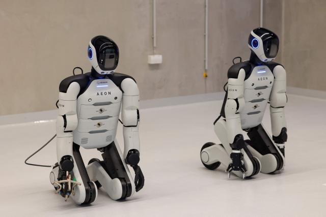 AEON, a humanoid robotic created by the company Hexagon is presented by BMW, at their BMW Group Talent Campus in Munich, Bavaria, southern Germany, on February 27, 2026. (Photo by Michaela STACHE / AFP)