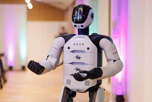 AEON, a humanoid robotic created by the company Hexagon is presented by BMW, at their BMW Group Talent Campus in Munich, Bavaria, southern Germany, on February 27, 2026. (Photo by Michaela STACHE / AFP)