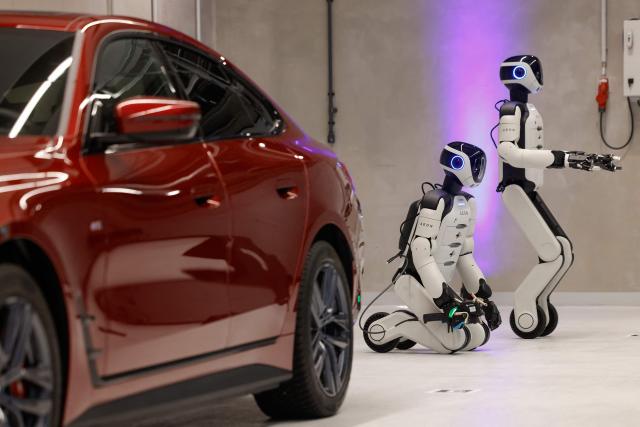 AEON, a humanoid robotic created by the company Hexagon is presented by BMW, at their BMW Group Talent Campus in Munich, Bavaria, southern Germany, on February 27, 2026. (Photo by Michaela STACHE / AFP)