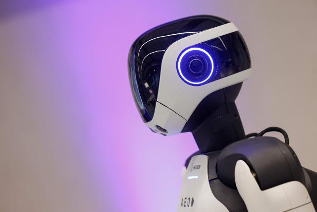 AEON, a humanoid robotic created by the company Hexagon is presented by BMW, at their BMW Group Talent Campus in Munich, Bavaria, southern Germany, on February 27, 2026. (Photo by Michaela STACHE / AFP)