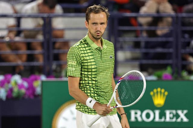 Russia’s Daniil Medvedev reacts during his men’s singles semi-final match against Canada's Felix Auger-Aliassime at the Dubai Duty Free Tennis tournament in Dubai on February 27, 2026. (Photo by Fadel SENNA / AFP)